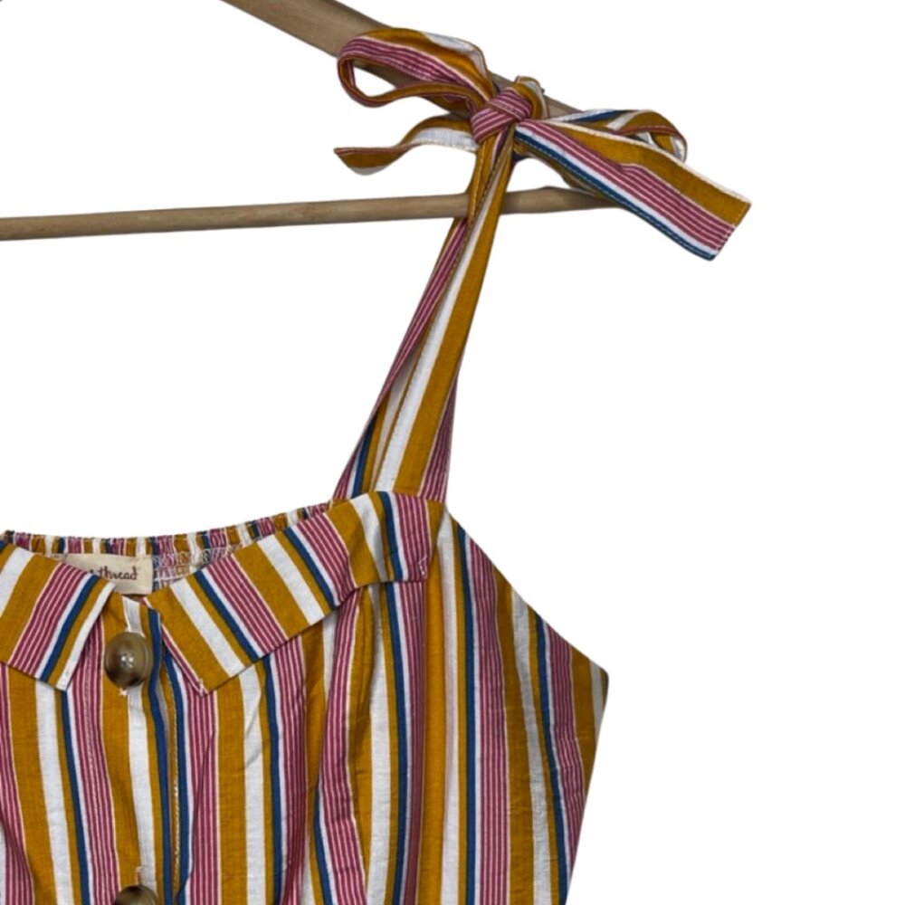 HEM & THREAD | Button Down Striped Tie Sleeve Midi Dress with Pockets | Size M - Picture 4 of 11